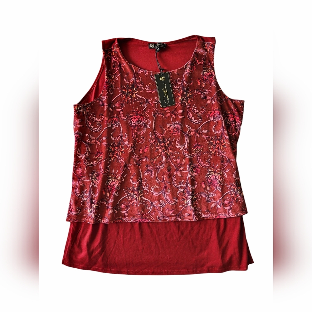 DG2 Diane Gilman Mixed Media Easy Layered Tank Top Large Red Floral Sleeveless